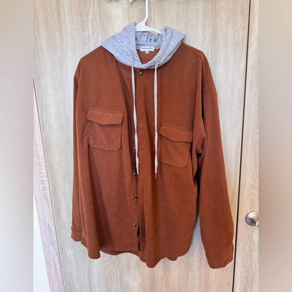 Brown Corduroy Hooded Button-Up Shirt Jacket